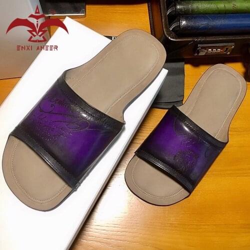 Cool Men Sryle Shoes 100% Genuine Leather Sandlals Men Women Slippers Handmade Shoes Parina Purple Color Slides