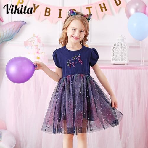VIKITA Girls Unicorn Dress Cotton Toddlers Princess Tutu Dress Children Licorne Party Vestidos Kids Summer Dresses for Girls