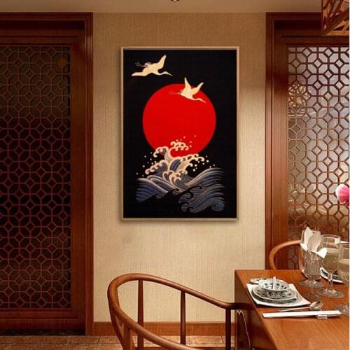 Japanese Ukiyoe Ocean Wave Art Pictures Vintage Red Sun Wall Art Canvas Painting Posters and Prints for Living Room Home Decor