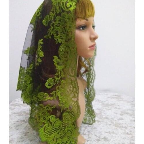 Green on Black Embroidery Lace Shawl Triangular Church Catholic Veil