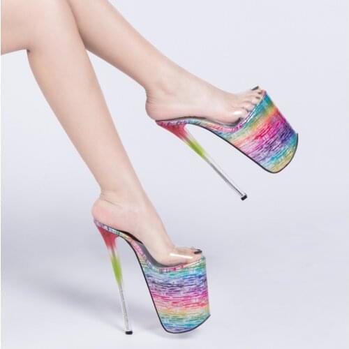 2020 New Graffiti 22cm Super High Heels Slippers Women Thin Heel Summer Platform Shoes Plus Size 34-47 Transparent Sandals WS116