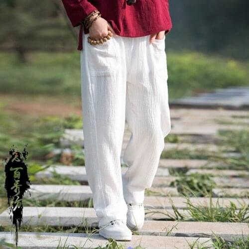 Women Cotton Linen Casual Full Length Pants Ladies Loose Solid White Front Flat Mid Waist Jogger Summer Ruffle Trousers Clothes