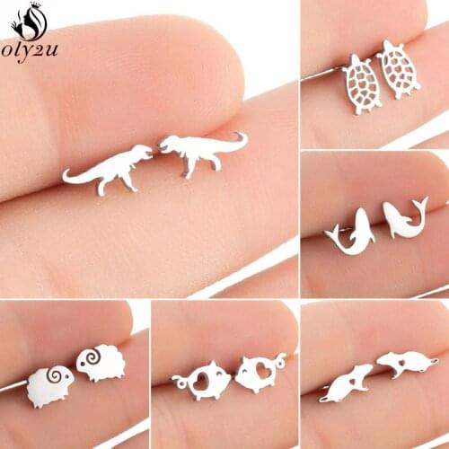 Multiple Animal Stainless Steel Earrings Women Fashion Jewelry 2021 Shark Dinosaur Turtle Mouse Ear Studs Jewlery Pendientes