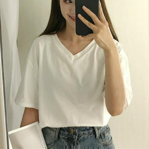 New Harajuku Tee Shirt 4 Solid Color Basic T Shirt Women Casual V-neck Friends Summer Top Korean Hipster Streetwear White Tshirt