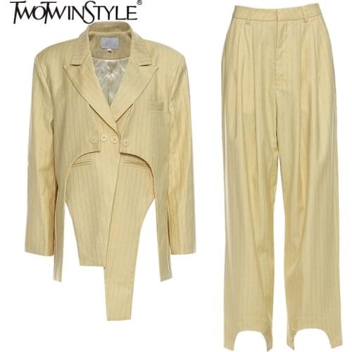 TWOTWINSTYLE Patchwork Casual Two Piece Set For Women Lapel Collar Long Sleeve Coats High Waist Straight Pants Solid Sets Female