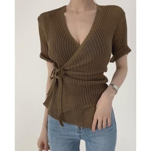 Summer Korean Fashion Sexy Slimming V-Neck Thin Side Cross Tie Waist Short Sleeve Sweater Top Femme Cardigan Mujer Women