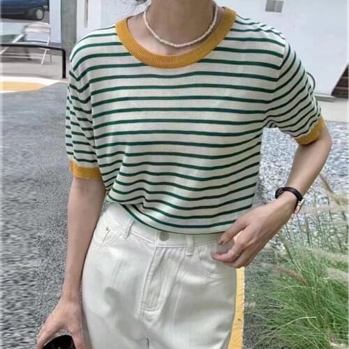 2021 New Arrival 20476 (3, 4 In 1) Not Make Web Celebrity Figure Round Collar Stripe Short Sleeve Turtleneck Sweater [2000] 26