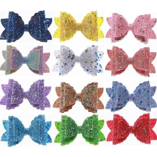 5PCS 8.5CM Boutique Glitter Synthetic Leather Hair Bow For Hair Clip Messy Sequin Bow Knot ForGirl Hairgrips Hair Accessories