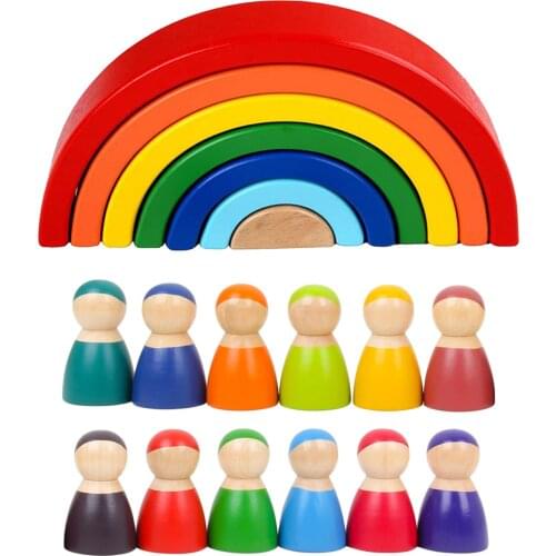 7-Color Wooden Rainbow Building Stacking Blocks Baby Montessori Toy
