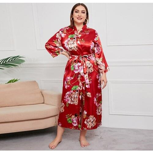 8813 Imitated Silk Fabric Satin Bathrobe Women Sleep Night Wear Plus Size Home Dress Japan Style Flower Dots Leopard Full Sleeve