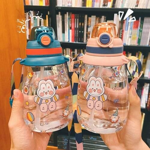 800ml Cartoon Cute Kids Big Belly Water Bottle With Straw Strap Outdoor Sports Portable Large Capacity Plastic Sippy Water Cup