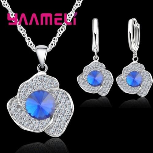 Elegant 925 Sterling Silver Crystal Flower Shape Pendant Necklace Earrings Suit For Women Girls Wedding Engagement Anniversary