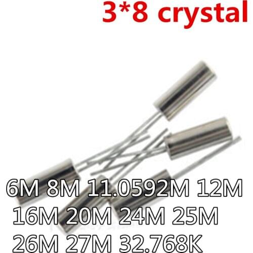 10pcs 3*8 Cylindrical crystal oscillator 3x8 4MHZ 6M 8M 11.0592M 12M 16M 20M 24M 25M 26M 27M 32.768K