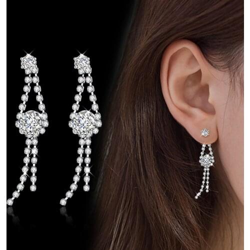 Elegant Cubic Zirconia Earrings For Women 925 Sterling Silve Bride Earrings With Claw Chain Ear Rhinestone Jewelry