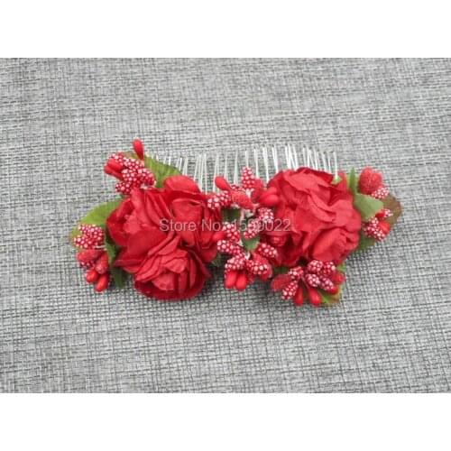 Handmade Artificial Paper Rose Flower Berries Hair Comb Bride Head Accessories for Women Kids Children Prom Headpieces Gifts