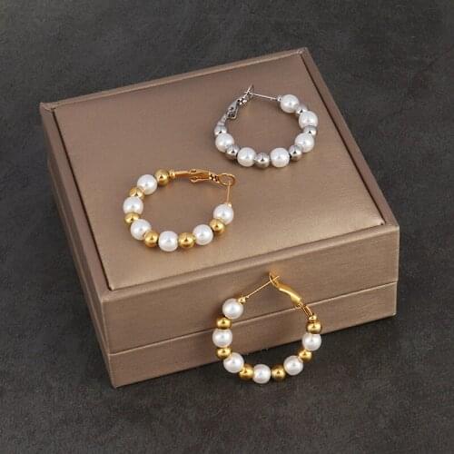 Round Circle Earring Large Hoop Earrings Peal Stainless Steel Earring Pearl Earrings Statement Earrings Brincos Korean Jewelry