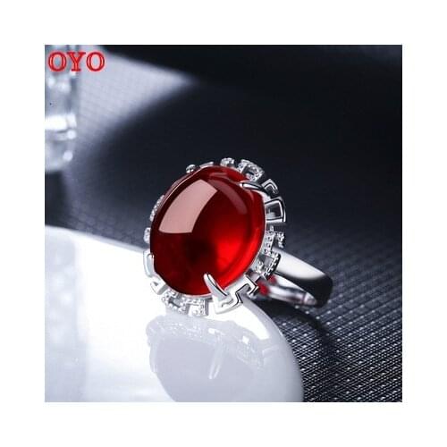 Natural green agate chalcedony red corundum ring ring female Japanese and Korean S925 sterling silver live open index finger
