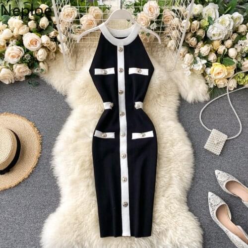 Neploe Retro Dress 2021 New Women Fashion Sexy Halter Buckle Slimming Vestidos Knitted Summer Stretch Waist Bodycon Dresses