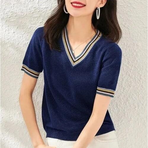 Plus Size 3XL Bright Silk Knit T-Shirt Women Stripe V-Neck Short Sleeve Knitwear Tops Korean Casual Summer Thin Knitted Pullover