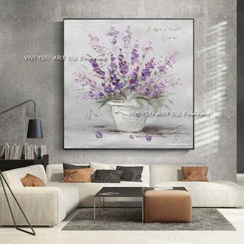 The Hand-painted Purple Flower in Vase Creative Abstract Art Oil Painting On Canvas Paintings For Living Room Decor Frameless