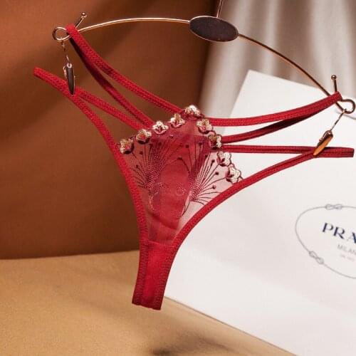 Sexy Embroidered Panties Womens Transparent Underwear Temptation Thong Lingerie Low-waist Bandage Briefs Ultra-thin G-String