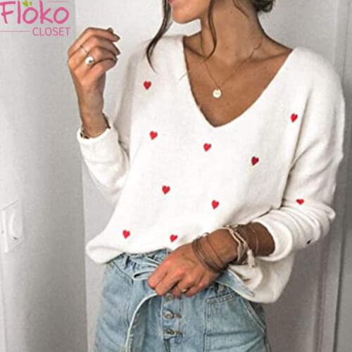 Flokocloset Autumn V-Neck Love Print Women Sweaters 2021 Loose Long Sleeve Sweet Jumpers Pullover