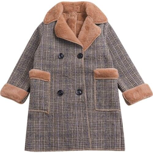Girl winter new plaid long trench coat Girl warm and velvet trench coat Girl double breasted fashion coat Girl cold jacket