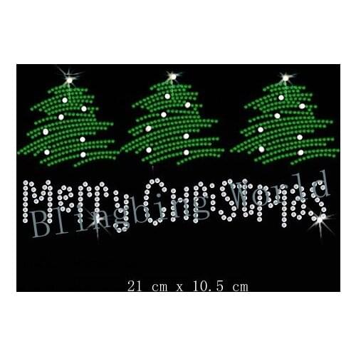 YX Free shipping hot fix rhinestone transfer motifs for merry christmas day green with white clear crystal