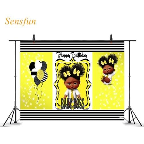 LEVOO Yellow Backdrop Cartoon Baby Girl Boss Birthday Balloons Photography Background Photo Studio Shoot Props Photozone Vinyl