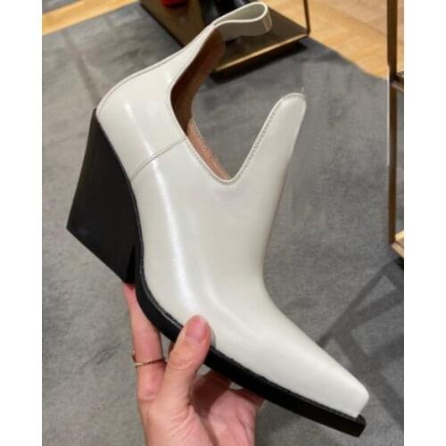 Moraima Snc White Leather Ankle Boots Sexy Pointed Toe ThicK Heels Riding Boots Woman Runway Boots Black