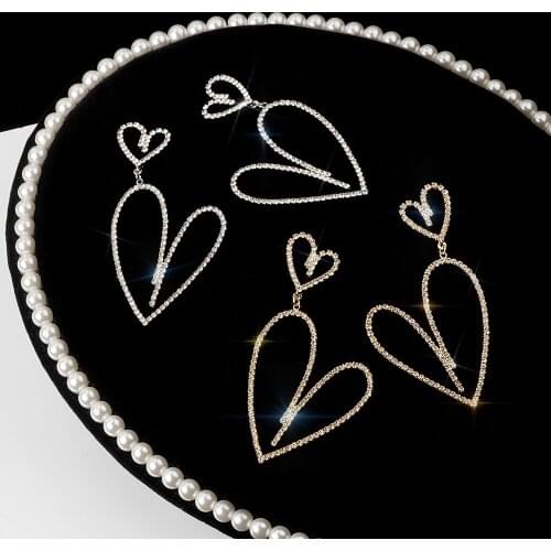 Crystal Love Stud Earrings Fashion New Exaggerated Temperament Net Red Earring Design Heart-shaped Long Womens Ear Studs