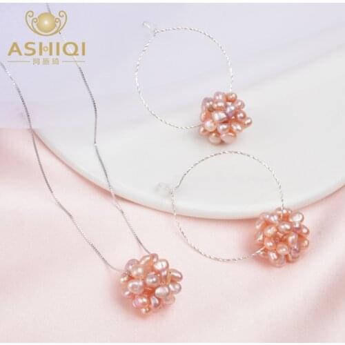 ASHQI Natural Freshwater Pearl Ball Jewelry Sets & More 925 Sterling Silver Chain Neaklace Hoop Earrings For Women Gift