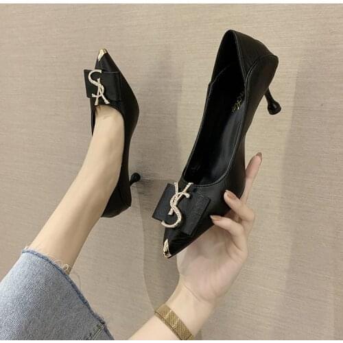 2021 Spring Brand Designer Women Slip on Pumps Metal Rhinestone Pointed Toe Thin High Heels Woman Shoes