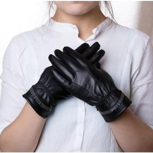 Winter womens genuine leather gloves female black sheepskin thermal plus velvet gloves driving gloves plus size