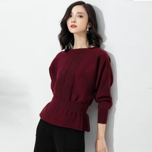Elegant Wine Red Knitted Pullovers Slash Neck Bottoming Jumper Long Bat Sleeve Solid Color Slim Fit Sweater Women Fashion Pull