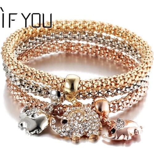 IF YOU Vintage Multilayer Crystal Owl Crown Charm Bracelets&Bangles For Women Rose Gold Color 3 Pcs/Set Rhinestone Pendant Gift