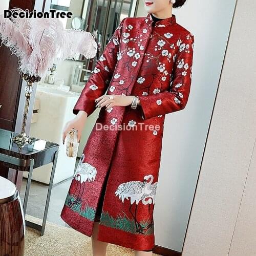 2021 retro crane embroidery mandarin collar women chinese dress long satin qipao vintage button cheongsam novelty stage show