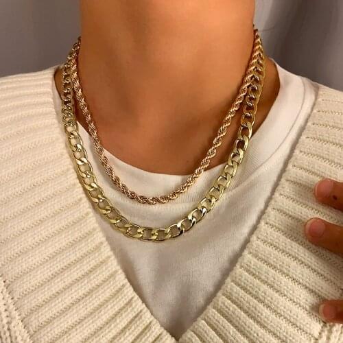 Punk Exaggerated Twisted Thick Chains Necklace for Women Double Layer Vintage Hiphop Geometric Choker Necklace Jewelry Kolye