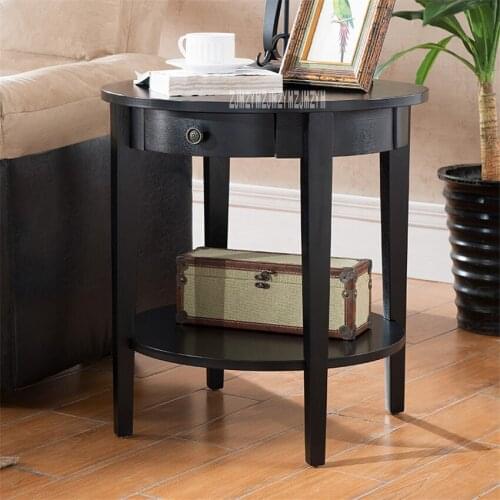 TS-123 Round Shape Solid Wood Coffee Table Home Furniture End Table Living Room Creative Rubber Wood Side Table With 1-Drawer
