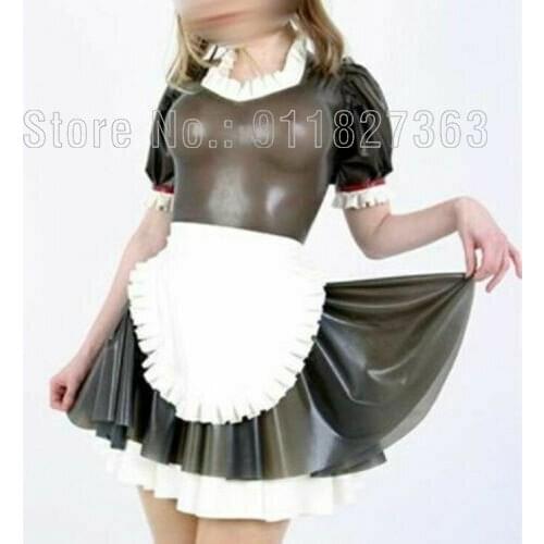 100% Natural Latex Dress Latex Catsuit Rubber Sexy White Ruffle Maid Woman Club Party Skirt Cosplay Night Club Customized