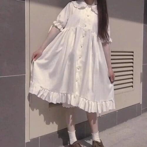 White Kawaii Lolita Dress for Girls Soft Princess Fairy Peter Pan Collar Dress Japanese Cute Puff Sleeve Party Dress Vestido