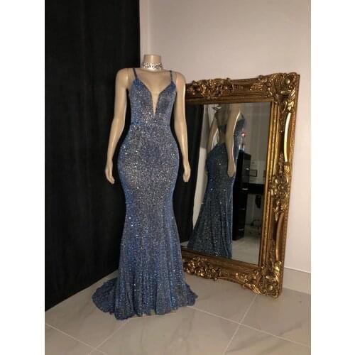 2021 Glitter Mermaid Prom Dresses Long Spaghetti Straps V Neck Open Back Formal Evening Party Gowns Robe De Soiree