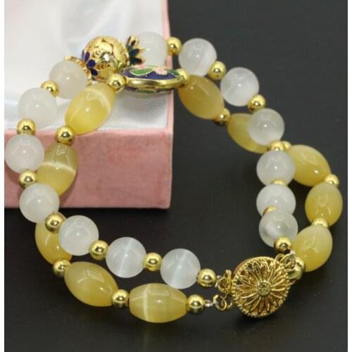 Bohemia style 8mm cat eyes white round 8*12mm barrel rice beads 2 rows bracelets for weddings party gifts jewelry 7.5inch B2779