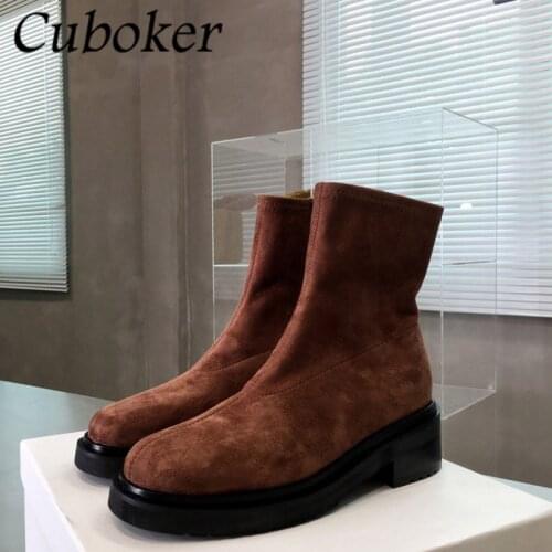 Kid Suede Round Toe Women Thick Sole Motorcycle Boots ZIP Ankle Short Brand Designer Female Short Boots 2021 Autumn Shoes Women