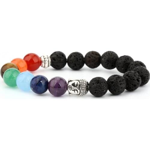 2021 New Fashion 8mm Natural Lava Stone Bracelet 7 Chakra Yoga Bracelet Buddha Head Volcanic Stone Bead String Bracelet