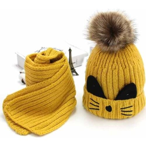 Cute 3-10yrs Kids Knit Fleece Hat Scarf Winter Cap Boys Girls Warm Cat Ears Hat Yellow Red Blue Grey Pink Black