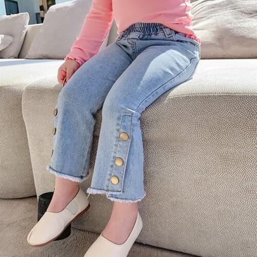 Children Denim Flared Pants 2021 Girls Spring Clothes New Three-button Baby Spring Autumn Kids Pants Children Casual Trousers