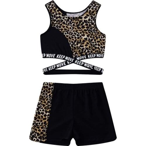 Kids Yoga Set Sports Suit Outfits Workout Activewear Girls Tracksuits 2Pcs Leopard Crop Vest + Shorts Set Fitness Gym Sportswear