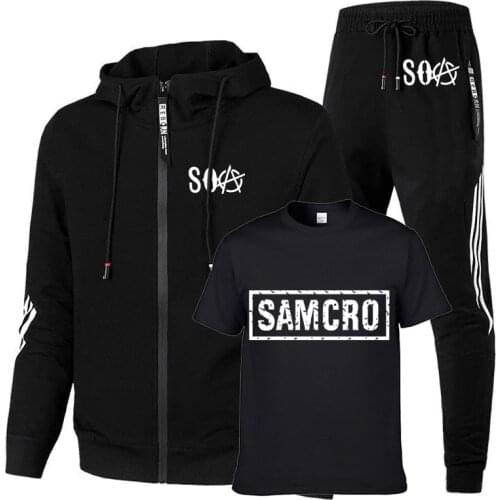 Spring Autumn SOA SAMCRO of Anarchy Printing high quality cotton stripe Mens sweatshirt+T-shirt+sports pants 3-piece set