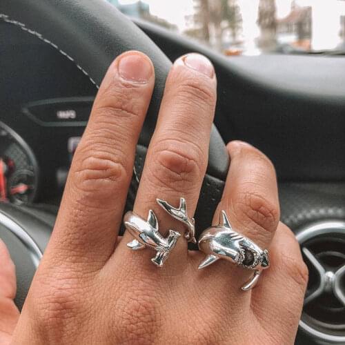 2pcs/set Vintage Simple Punk Shark Animal Adjustable Finger Rings Set Retro Great White Shark Opening Jewelry Accessories Gifts
